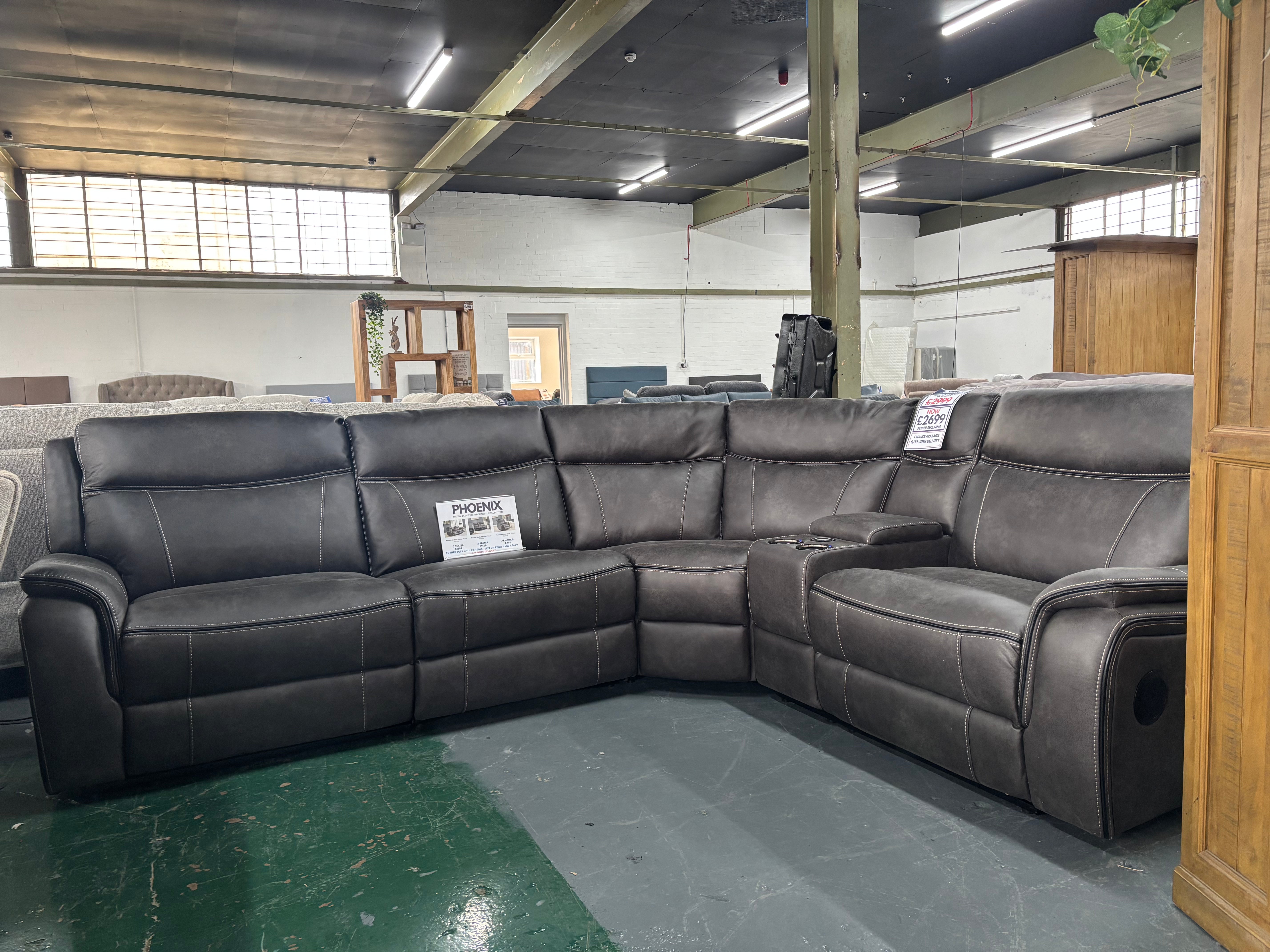 Phoenix Media Corner Sofa - Electric Reclining with speakers & cup storage