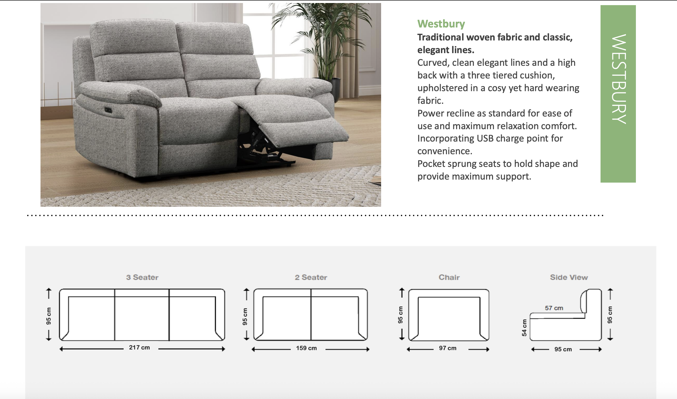Westbury Fabric Power Reclining Suite - Sofa Easy