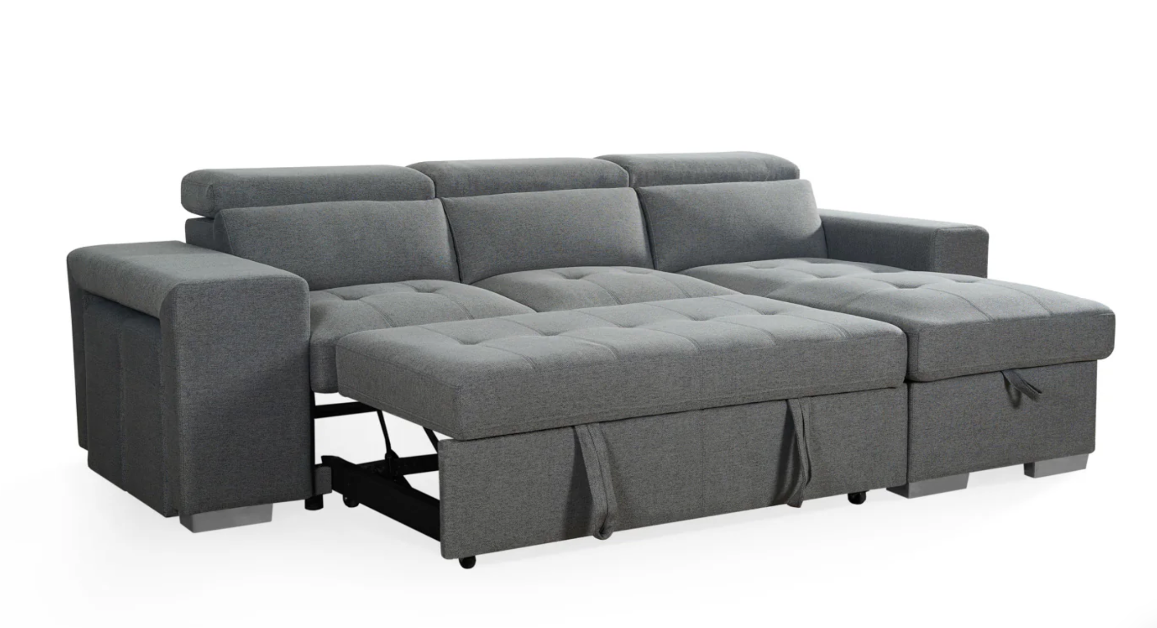 Gray sectional sofa with storage on a white background
