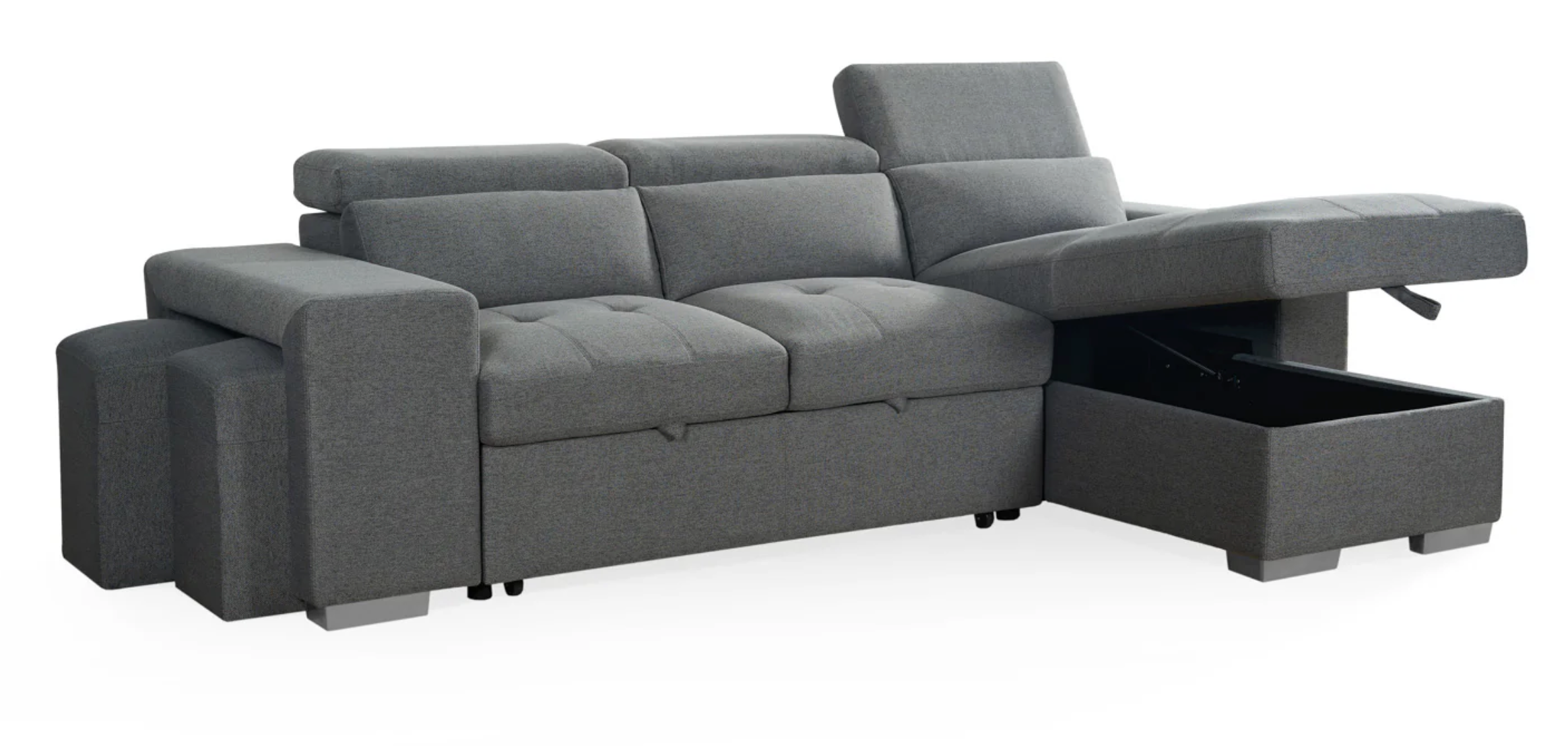 Gray sectional sofa with storage drawers on a white background
