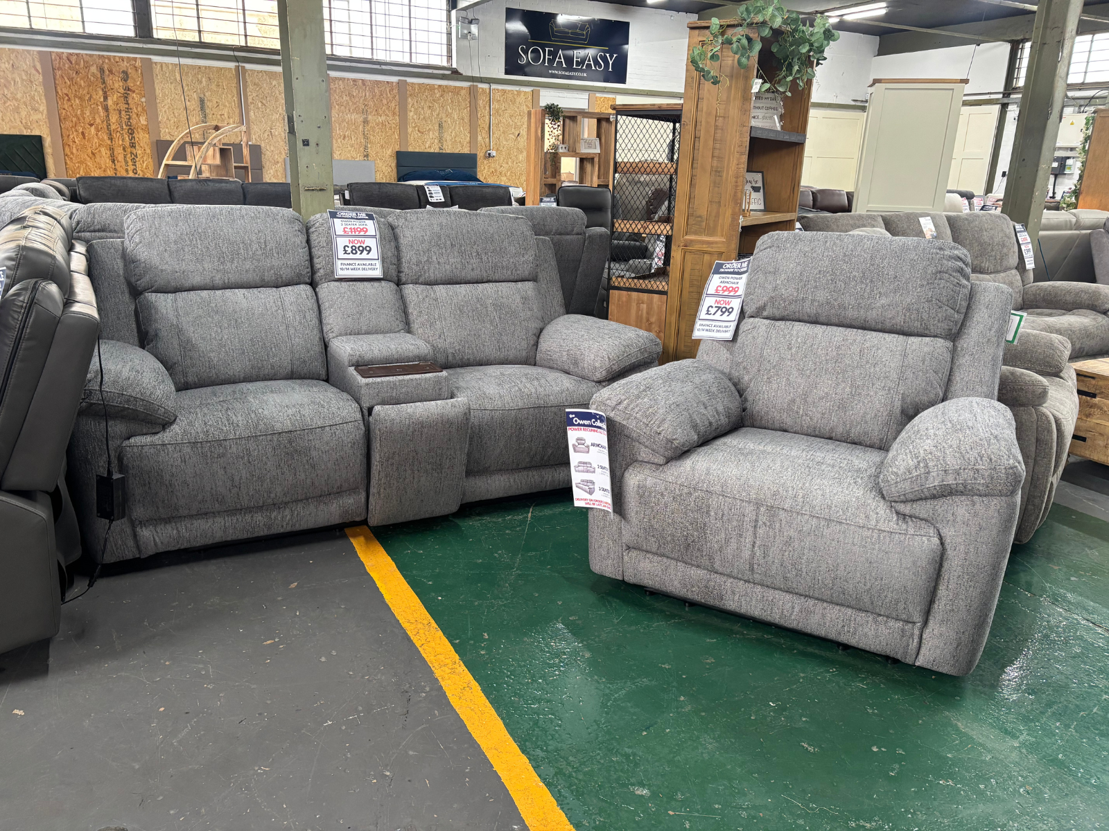 Owen 2 Seater Sofa with Console & Armchair - Grey Fabric - Sofa Easy