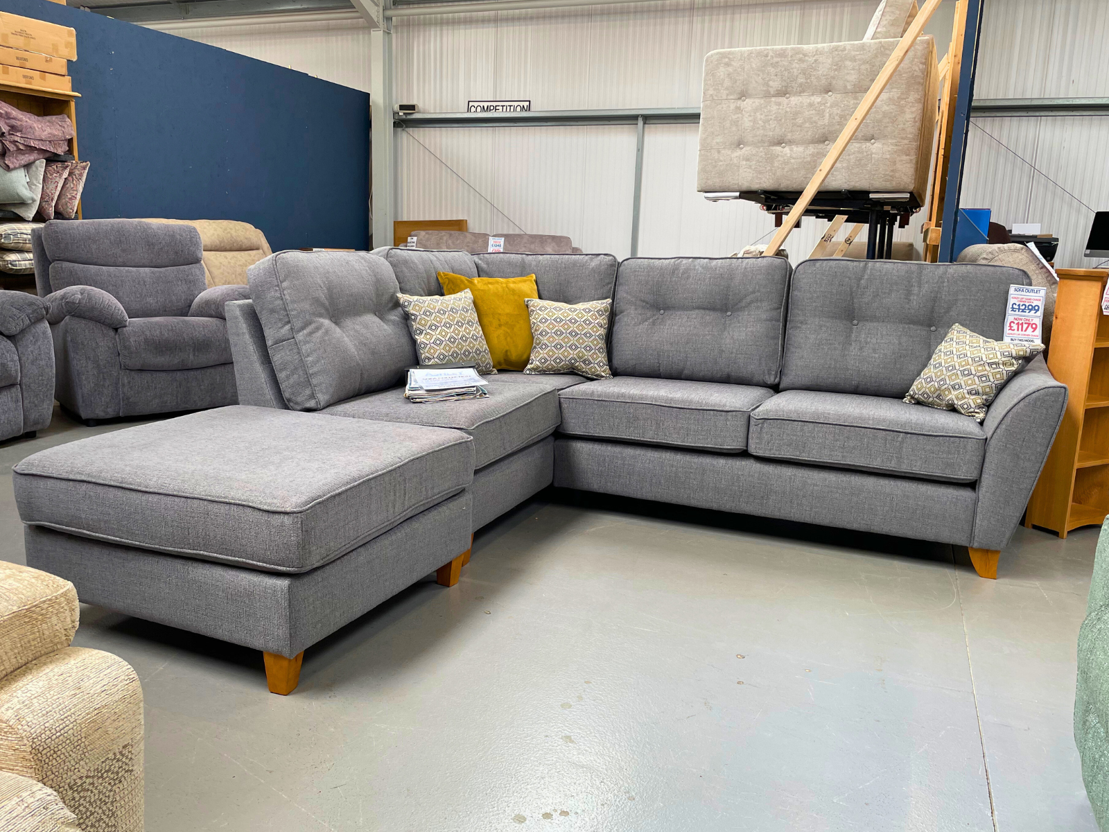 NEW - Ashley Left Hand Facing Corner Sofa with Stool in Brooklyn Charcoal Fabric