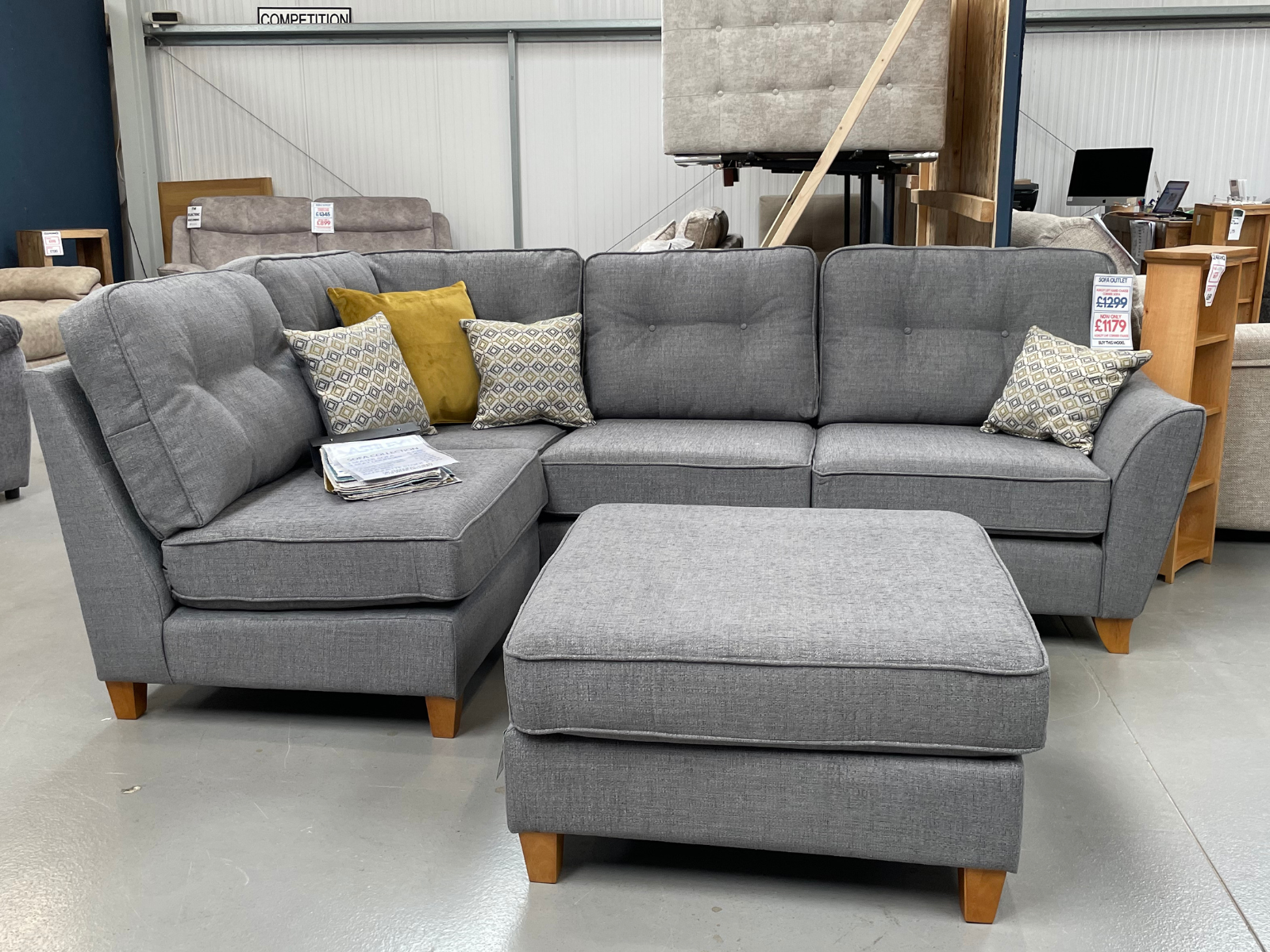 NEW - Ashley Left Hand Facing Corner Sofa with Stool in Brooklyn Charcoal Fabric