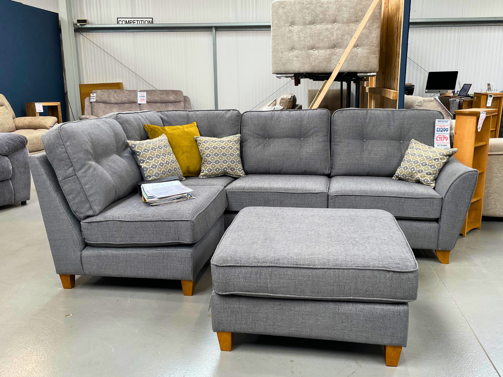 NEW - Ashley Left Hand Facing Corner Sofa with Stool in Brooklyn Charcoal Fabric