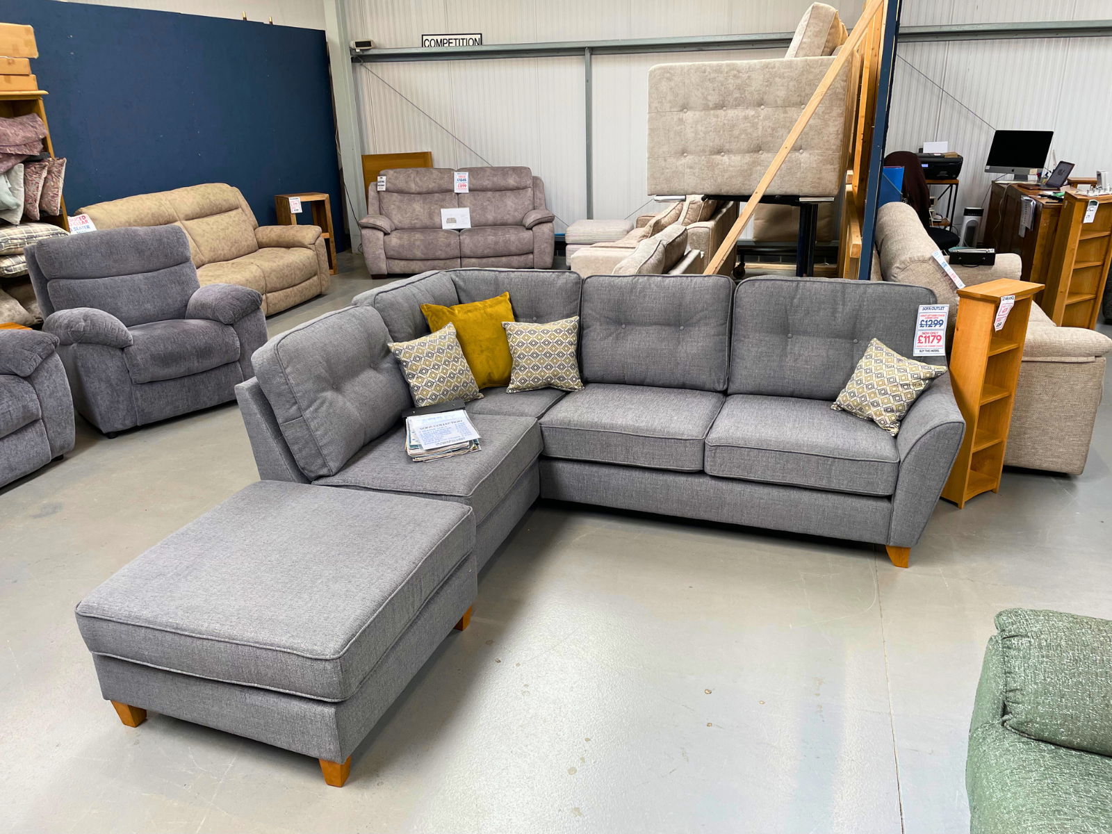 NEW - Ashley Left Hand Facing Corner Sofa with Stool in Brooklyn Charcoal Fabric